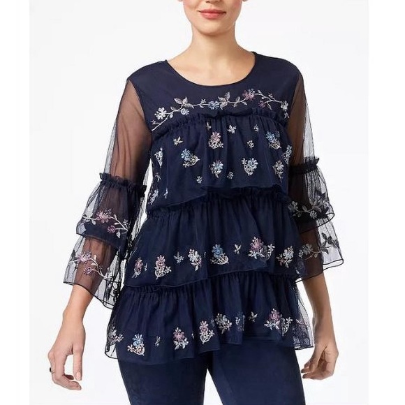 Style & Co. Tops - Style & Co Boho Lace Embroidered Floral Tiered Blue Blouse Size L